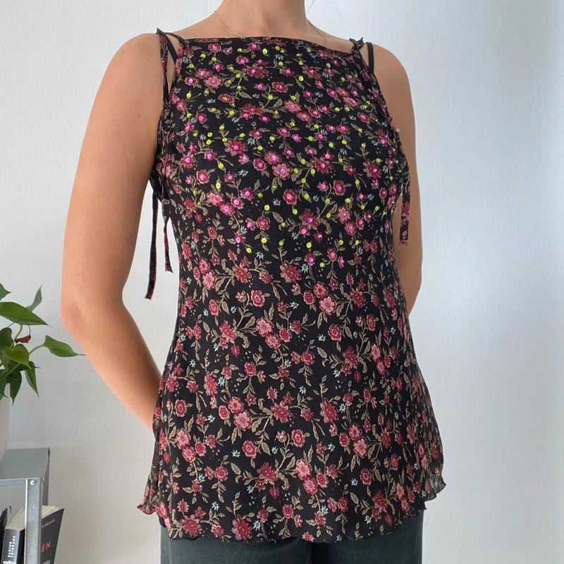 Vintage 90s Floral Mesh Cami 🌸 Sequin Detail & Tie Shoulder Straps