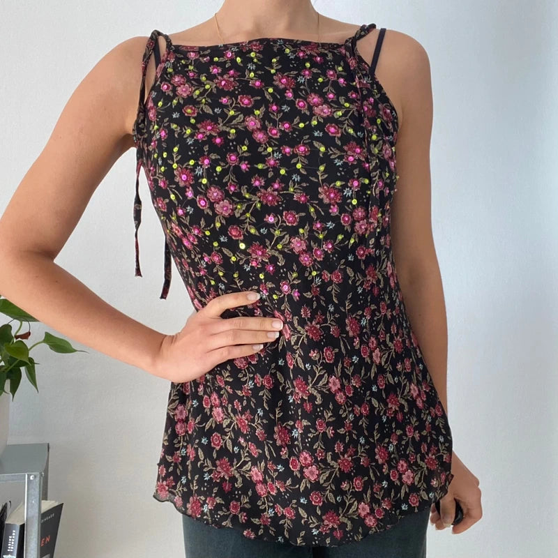 Vintage 90s Floral Mesh Cami 🌸 Sequin Detail & Tie Shoulder Straps