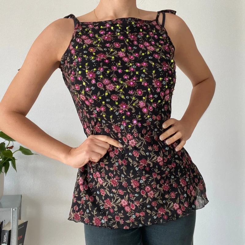 Vintage 90s Floral Mesh Cami 🌸 Sequin Detail & Tie Shoulder Straps