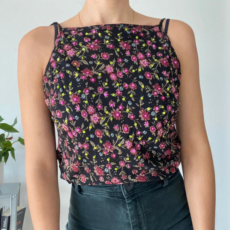 Vintage 90s Floral Mesh Cami 🌸 Sequin Detail & Tie Shoulder Straps