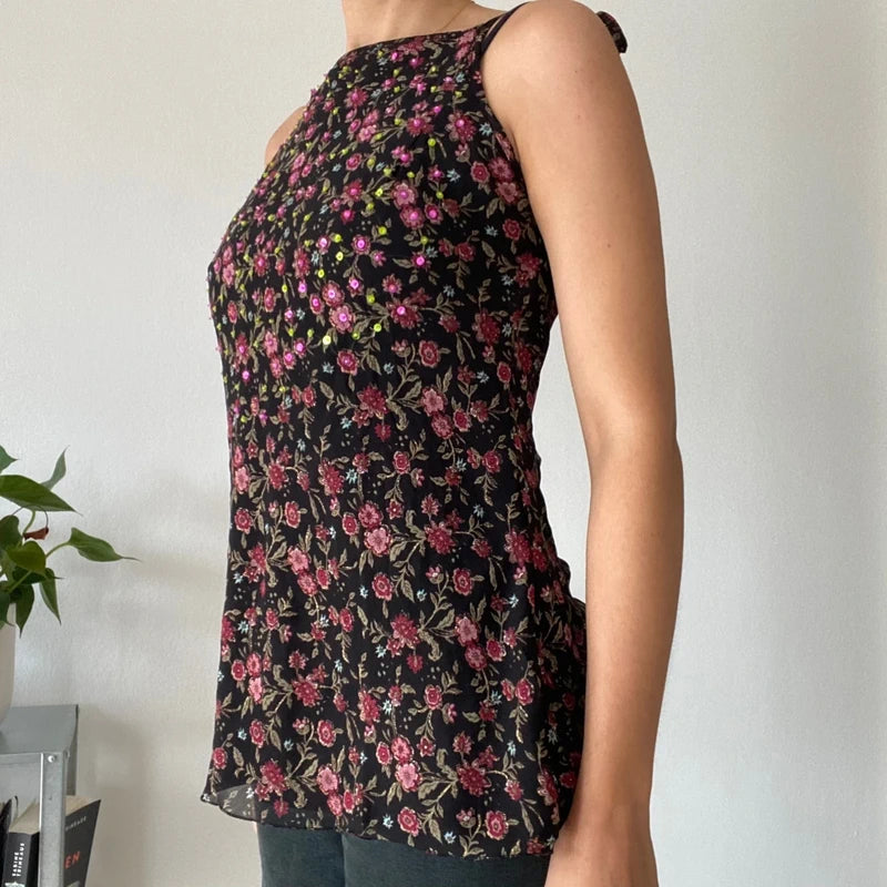 Vintage 90s Floral Mesh Cami 🌸 Sequin Detail & Tie Shoulder Straps