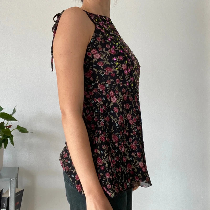 Vintage 90s Floral Mesh Cami 🌸 Sequin Detail & Tie Shoulder Straps