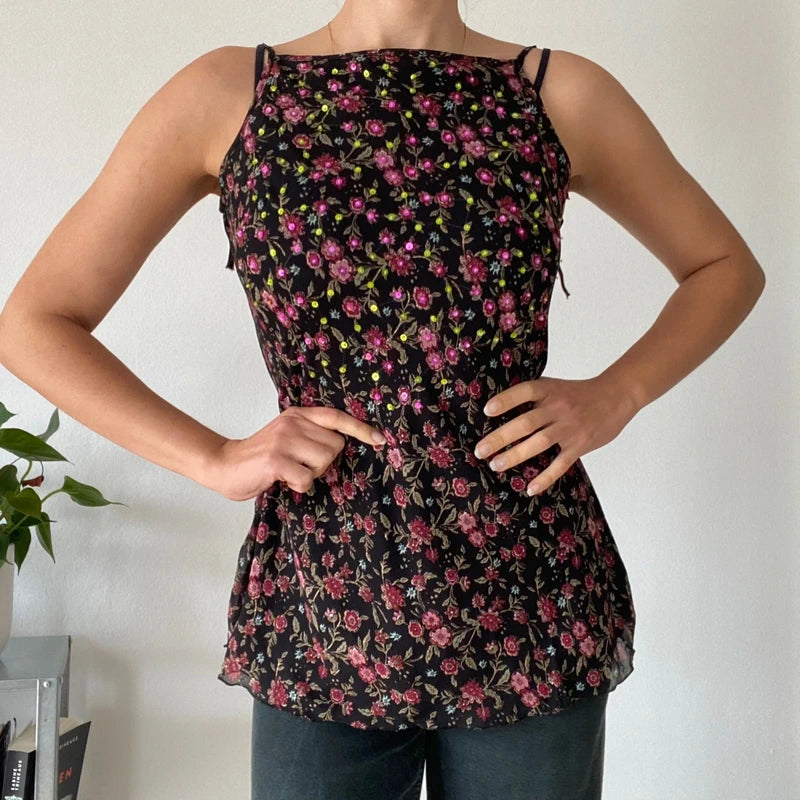 Vintage 90s Floral Mesh Cami 🌸 Sequin Detail & Tie Shoulder Straps
