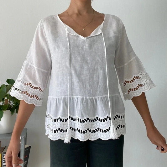 White 3/4 Sleeve Festival Top - Embroidered Hem & Tassels