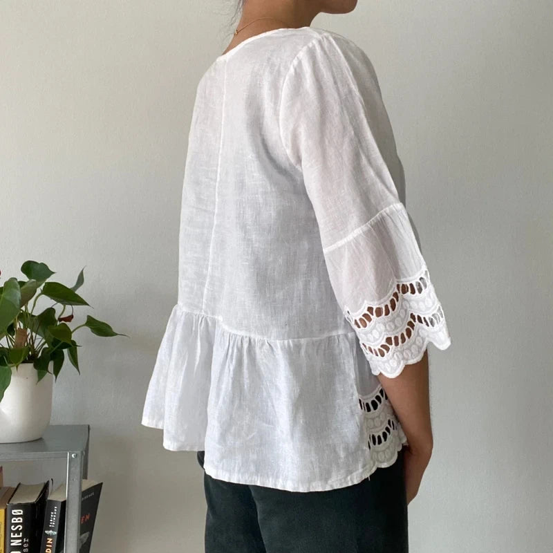 White 3/4 Sleeve Festival Top - Embroidered Hem & Tassels