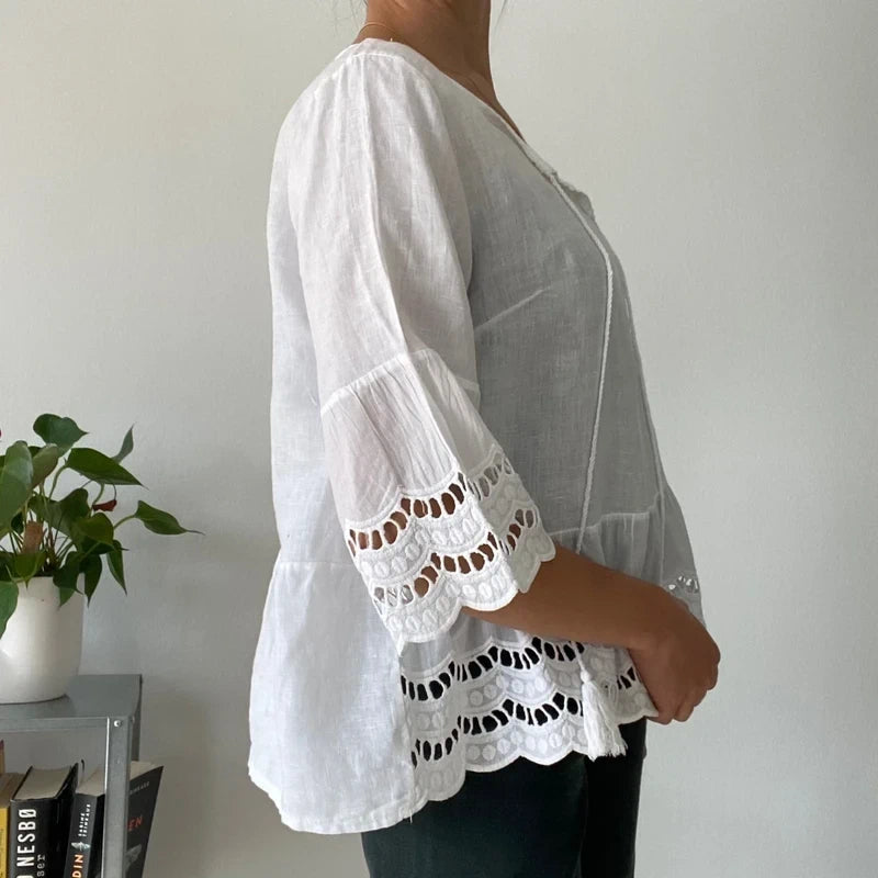 White 3/4 Sleeve Festival Top - Embroidered Hem & Tassels