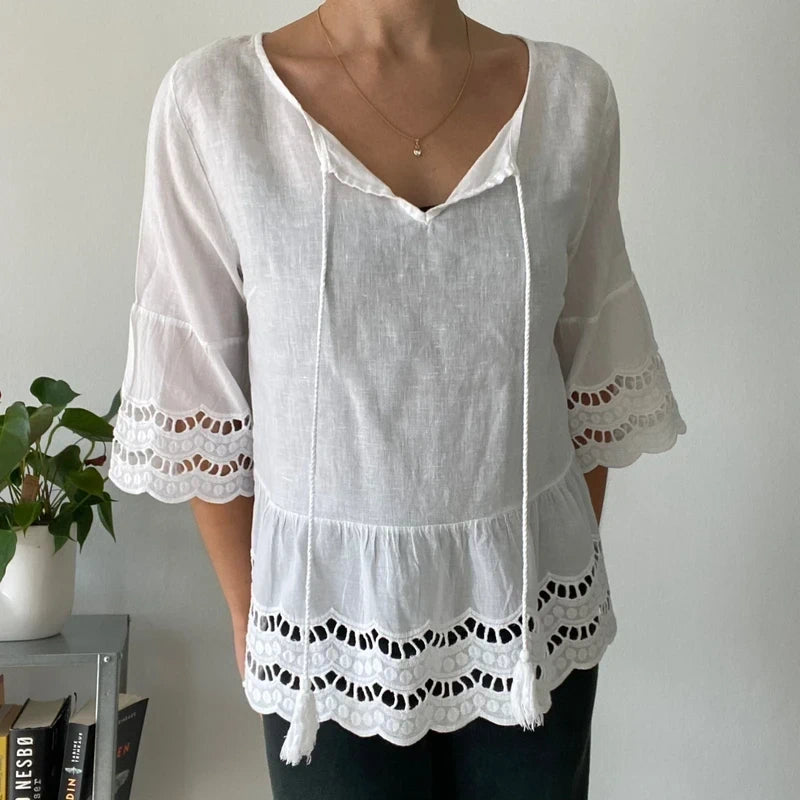 White 3/4 Sleeve Festival Top - Embroidered Hem & Tassels