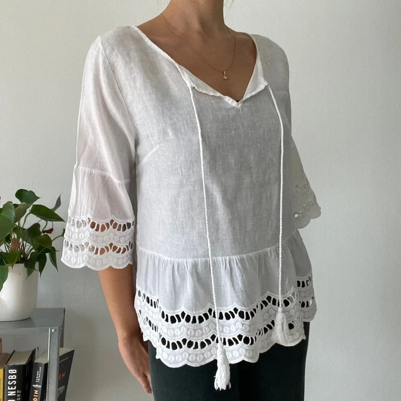 White 3/4 Sleeve Festival Top - Embroidered Hem & Tassels