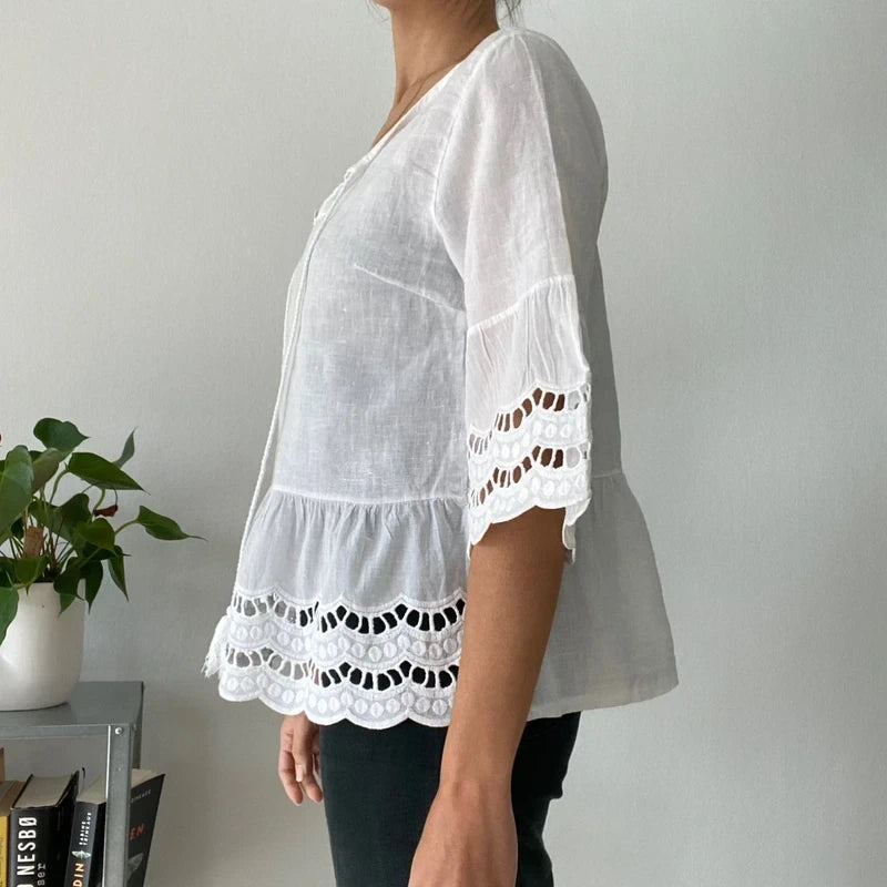White 3/4 Sleeve Festival Top - Embroidered Hem & Tassels