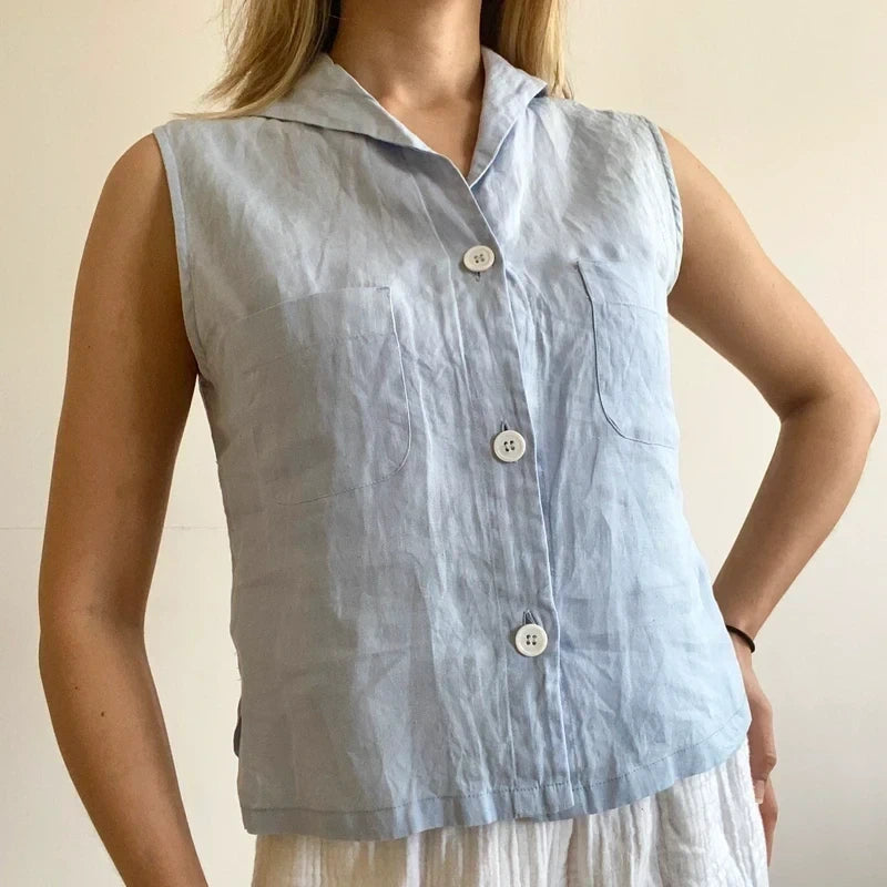 Sinoe Light Blue Linen Sleeveless Button-Down Top