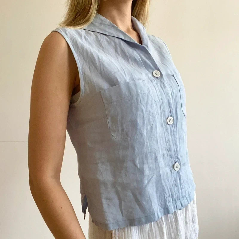 Sinoe Light Blue Linen Sleeveless Button-Down Top