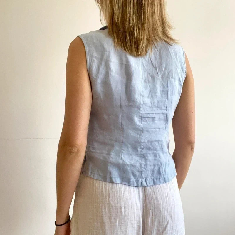 Sinoe Light Blue Linen Sleeveless Button-Down Top