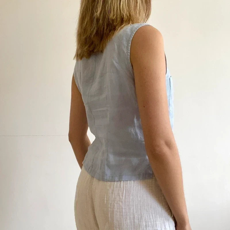 Sinoe Light Blue Linen Sleeveless Button-Down Top