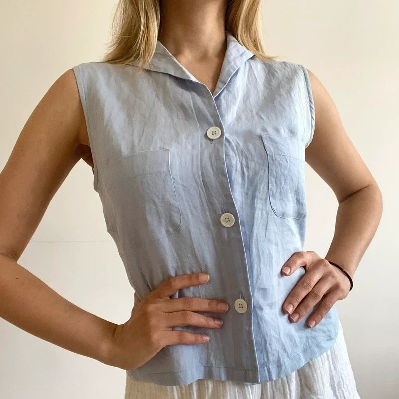 Sinoe Light Blue Linen Sleeveless Button-Down Top