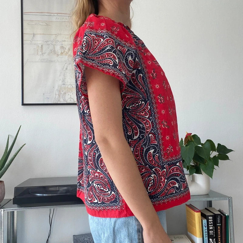 red and white bandana-print off-the-shoulder top