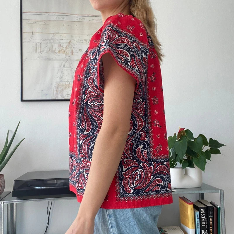red and white bandana-print off-the-shoulder top