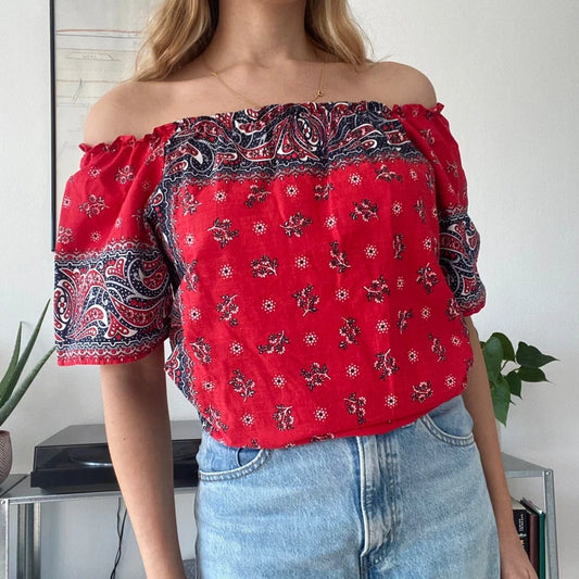 red and white bandana-print off-the-shoulder top