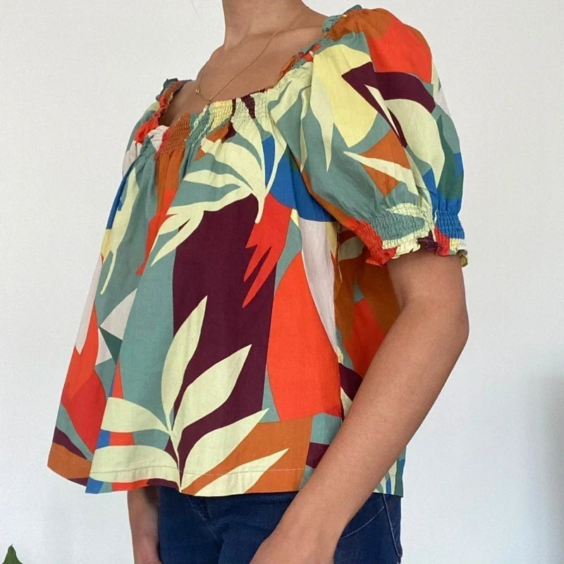 Vibrant Tropical Print Smocked Top | Bright Boho Puff Sleeves