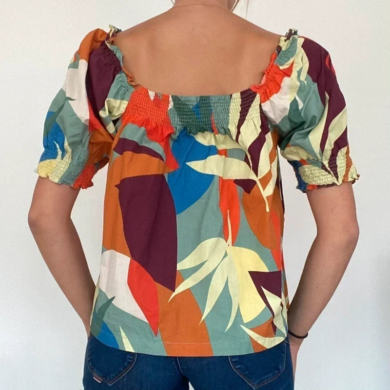 Vibrant Tropical Print Smocked Top | Bright Boho Puff Sleeves