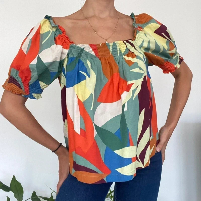Vibrant Tropical Print Smocked Top | Bright Boho Puff Sleeves