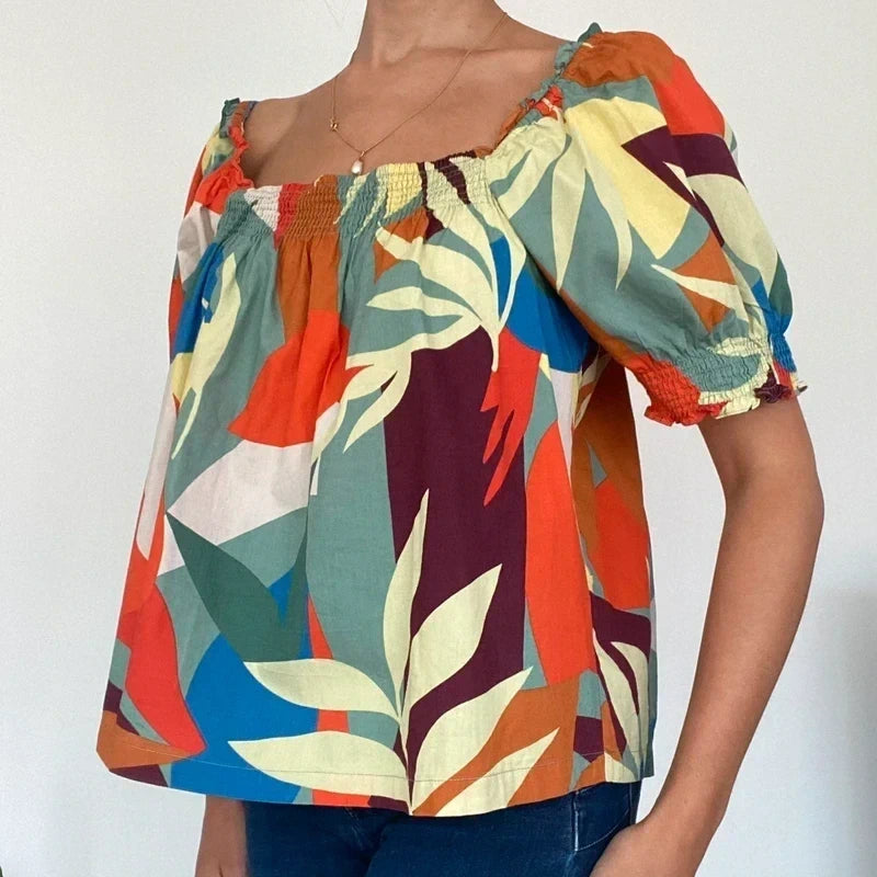 Vibrant Tropical Print Smocked Top | Bright Boho Puff Sleeves