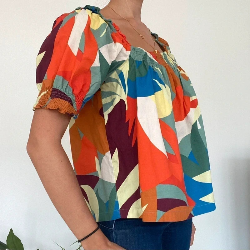 Vibrant Tropical Print Smocked Top | Bright Boho Puff Sleeves