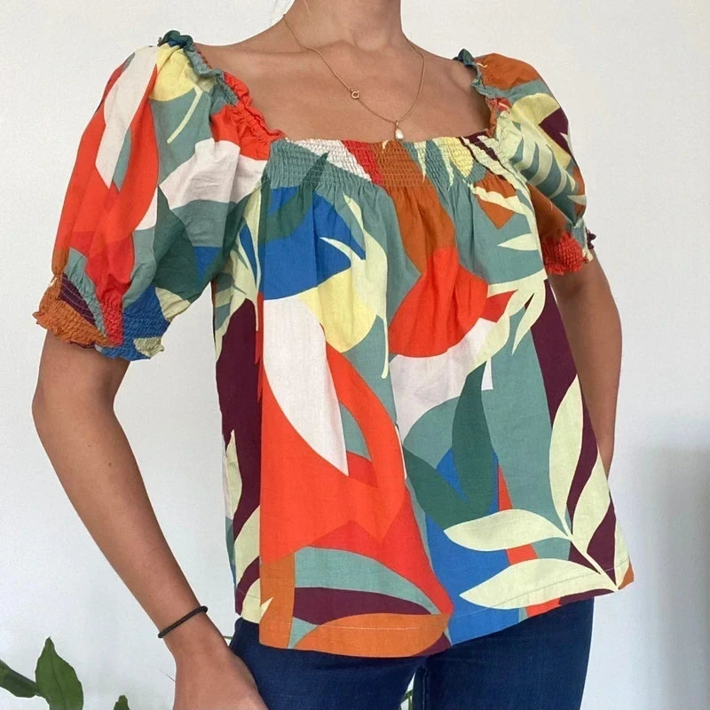 Vibrant Tropical Print Smocked Top | Bright Boho Puff Sleeves