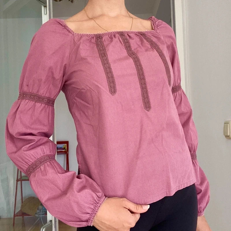 Boho Mauve Square Neck Top | Victorian Style Tiered Puff Sleeves