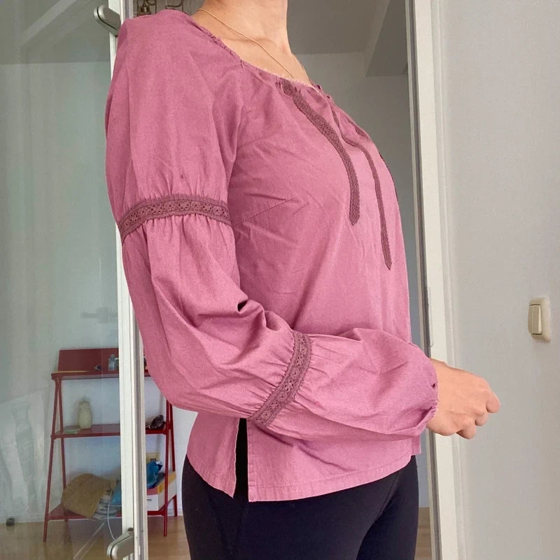 Boho Mauve Square Neck Top | Victorian Style Tiered Puff Sleeves