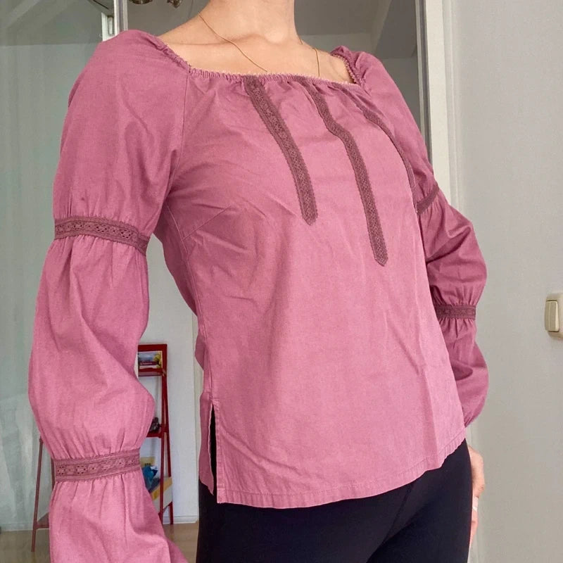 Boho Mauve Square Neck Top | Victorian Style Tiered Puff Sleeves