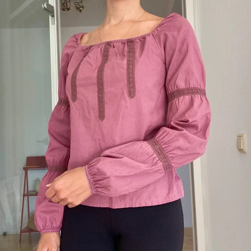 Boho Mauve Square Neck Top | Victorian Style Tiered Puff Sleeves