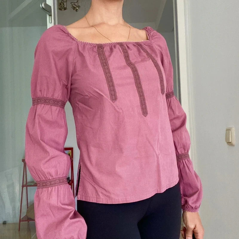 Boho Mauve Square Neck Top | Victorian Style Tiered Puff Sleeves