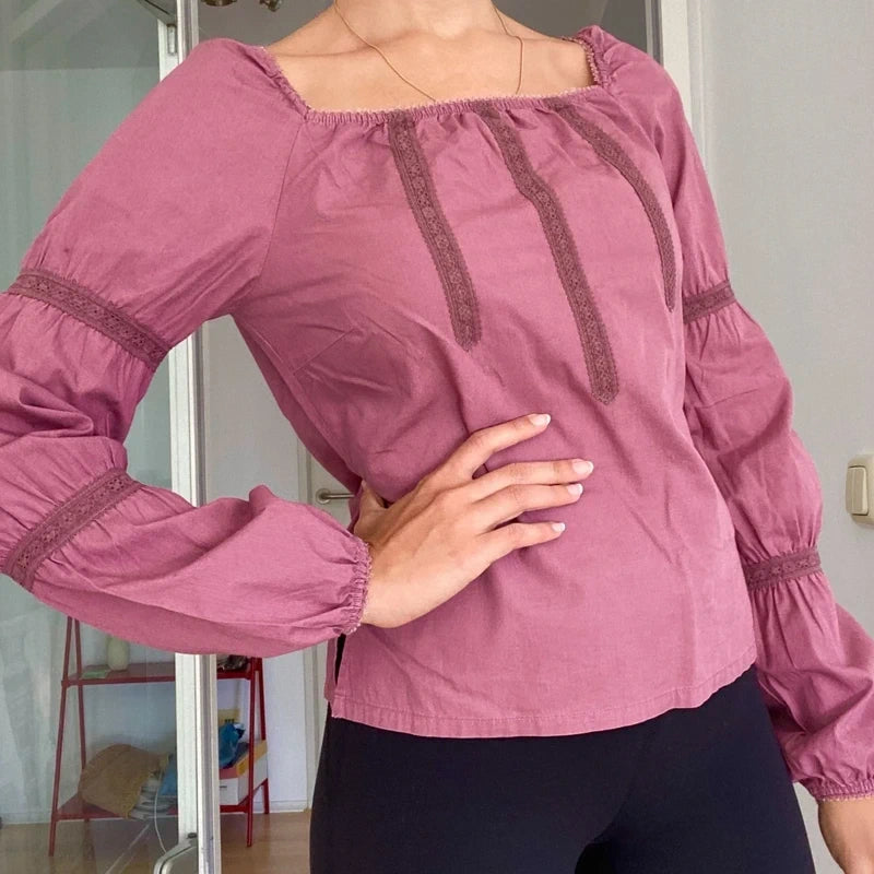 Boho Mauve Square Neck Top | Victorian Style Tiered Puff Sleeves