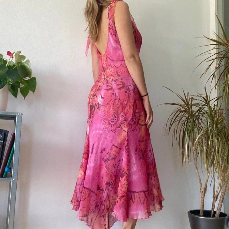 Pink Floral Midi Dress Asymmetric Hem Romantic Summer Wedding Guest