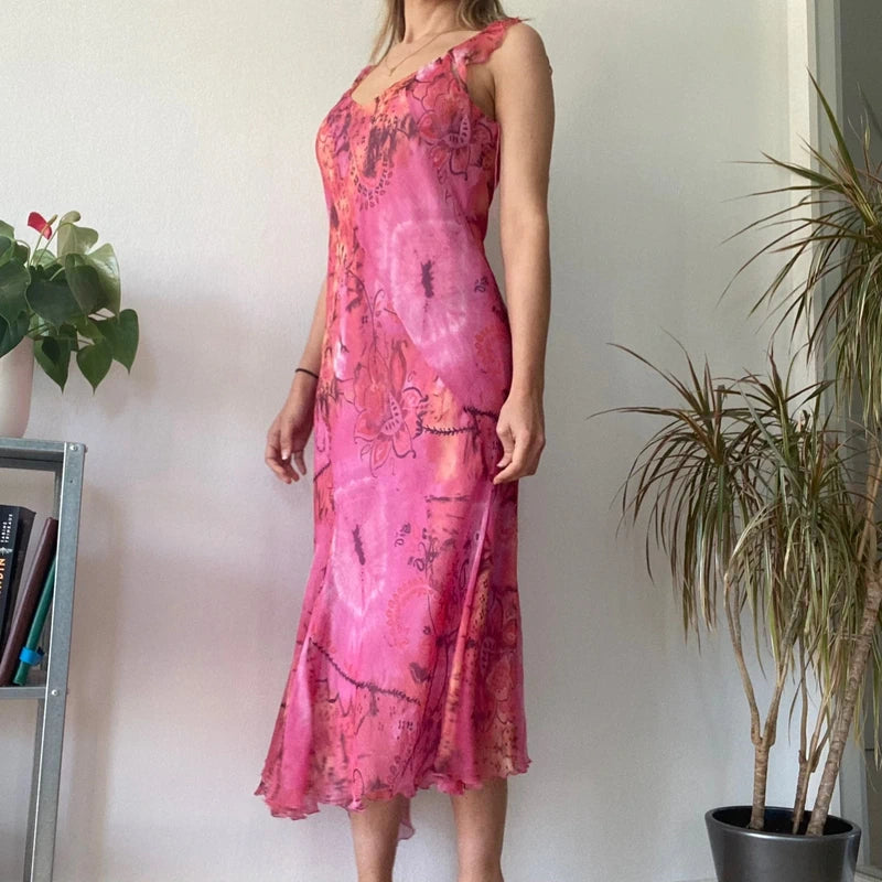 Pink Floral Midi Dress Asymmetric Hem Romantic Summer Wedding Guest