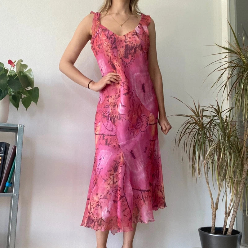 Pink Floral Midi Dress Asymmetric Hem Romantic Summer Wedding Guest