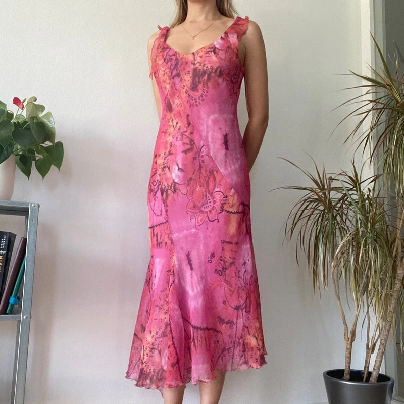 Pink Floral Midi Dress Asymmetric Hem Romantic Summer Wedding Guest