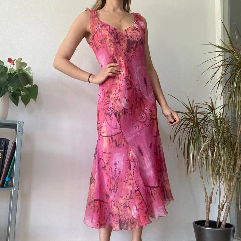 Pink Floral Midi Dress Asymmetric Hem Romantic Summer Wedding Guest