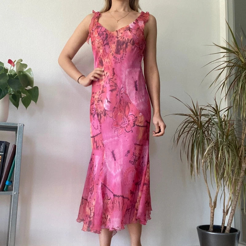 Pink Floral Midi Dress Asymmetric Hem Romantic Summer Wedding Guest