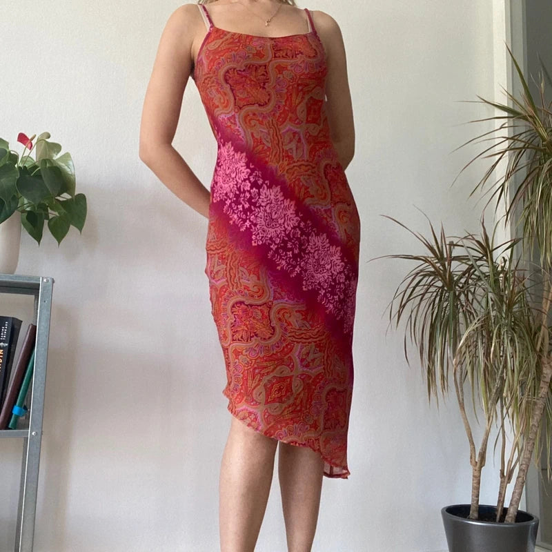 Red Paisley Bodycon Midi Dress Y2K 90s Fitted Summer Night Out