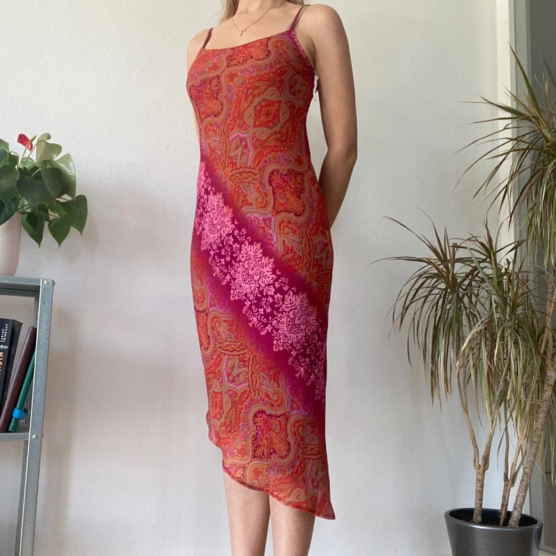 Red Paisley Bodycon Midi Dress Y2K 90s Fitted Summer Night Out