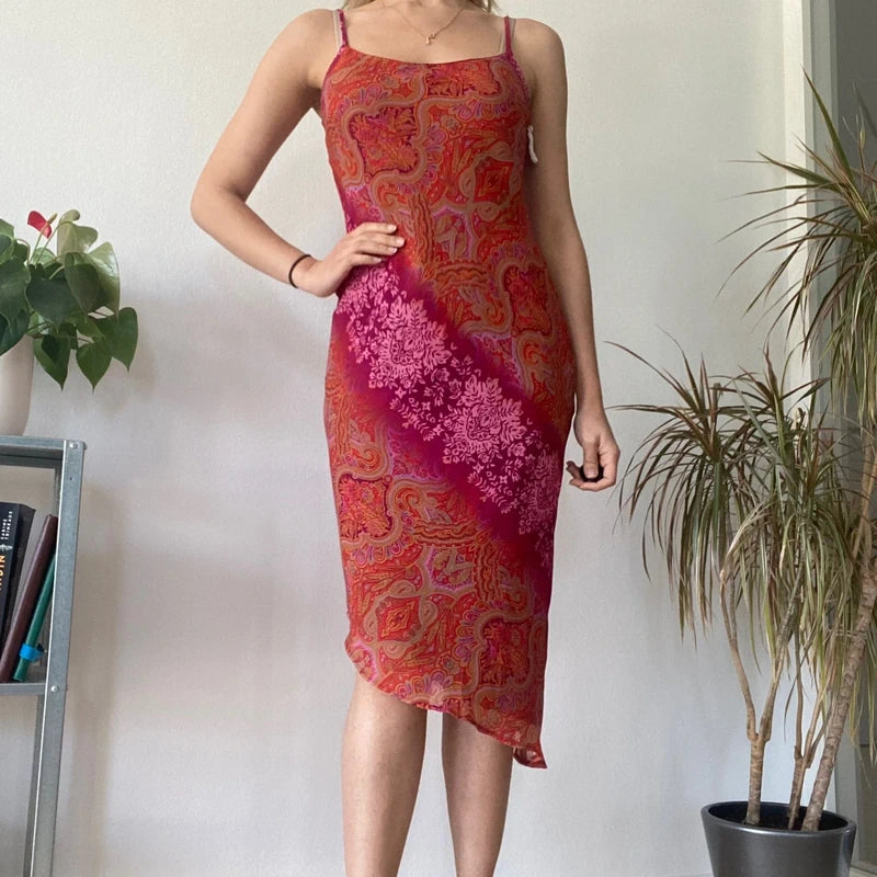 Red Paisley Bodycon Midi Dress Y2K 90s Fitted Summer Night Out