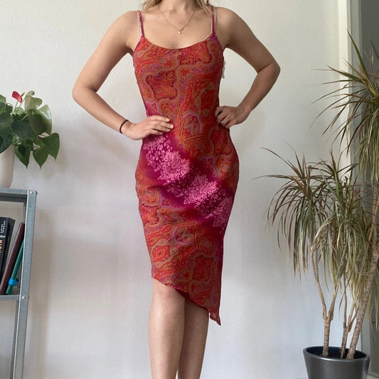 Red Paisley Bodycon Midi Dress Y2K 90s Fitted Summer Night Out