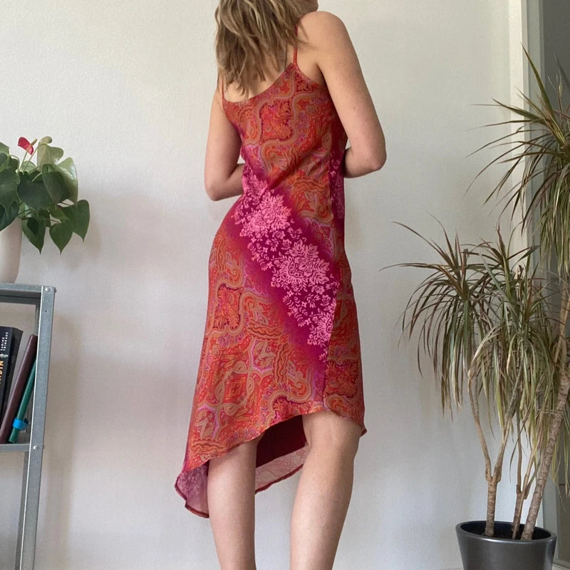 Red Paisley Bodycon Midi Dress Y2K 90s Fitted Summer Night Out