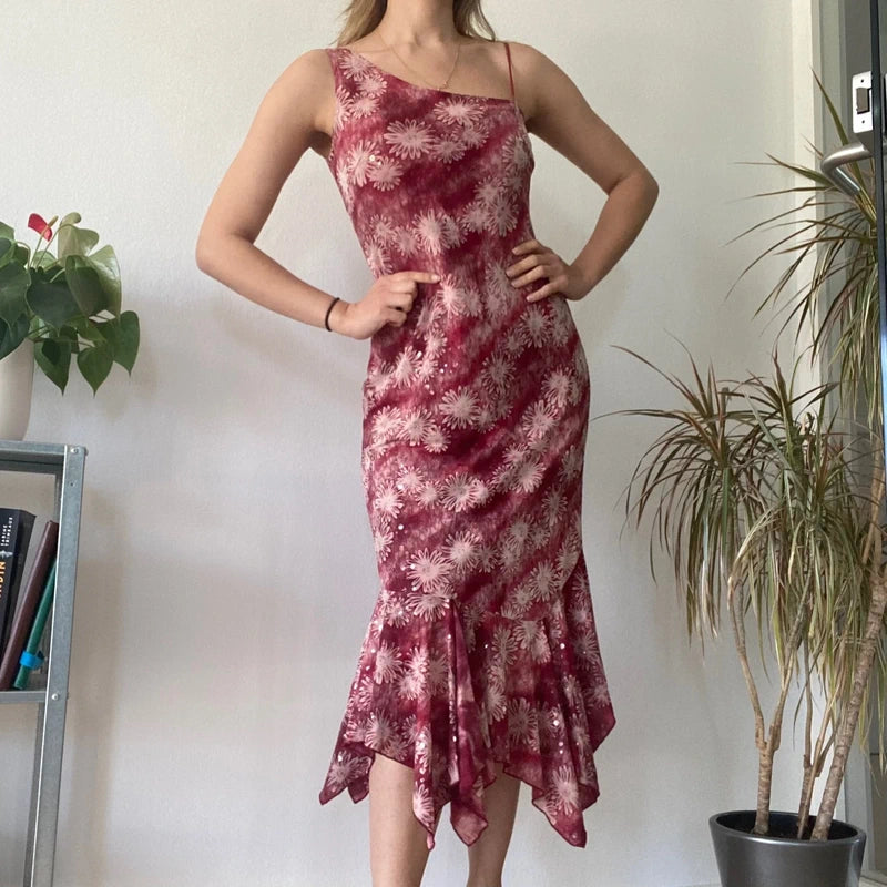 Burgundy Floral Asymmetric Midi Dress Y2K Romantic Evening Statement