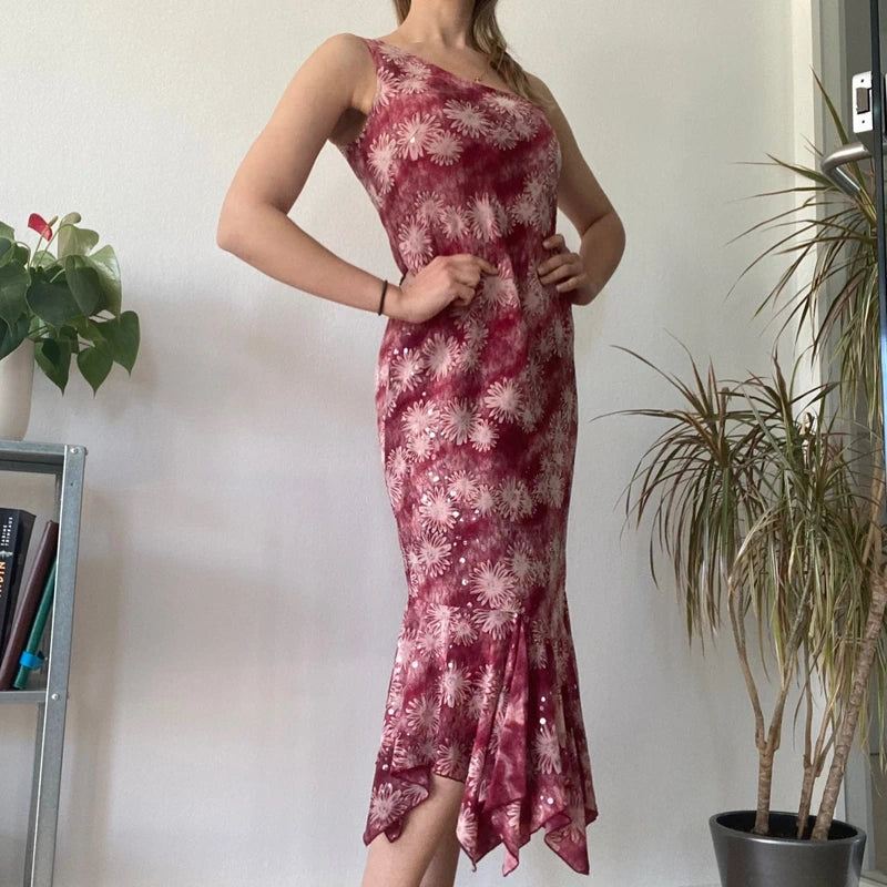 Burgundy Floral Asymmetric Midi Dress Y2K Romantic Evening Statement