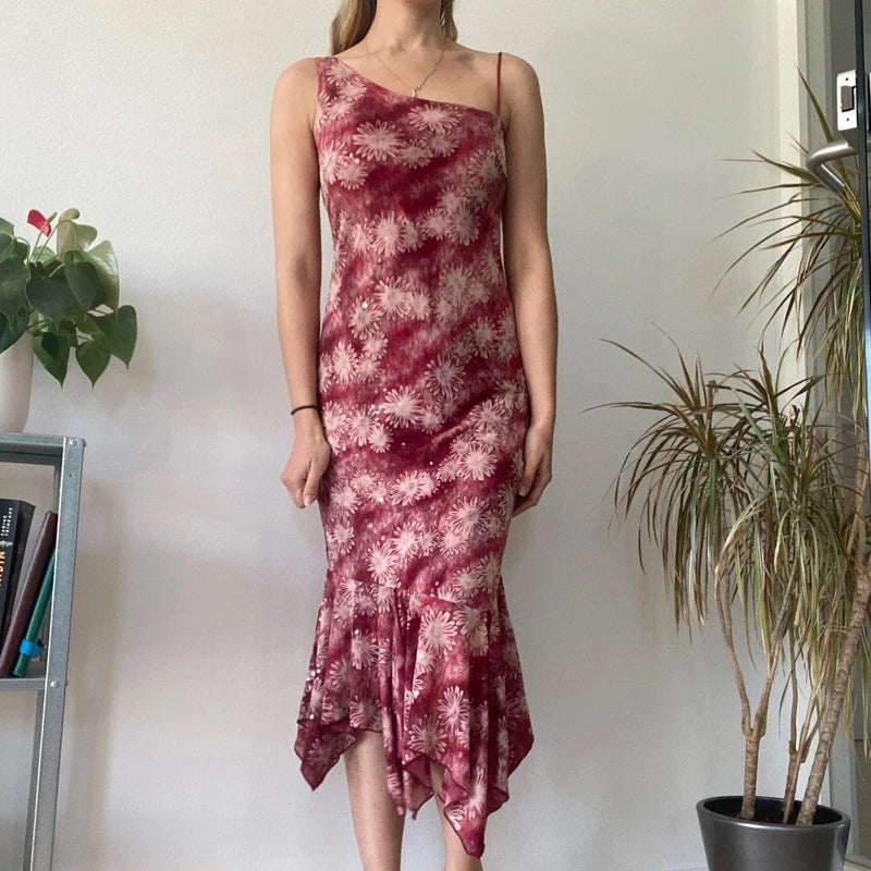 Burgundy Floral Asymmetric Midi Dress Y2K Romantic Evening Statement