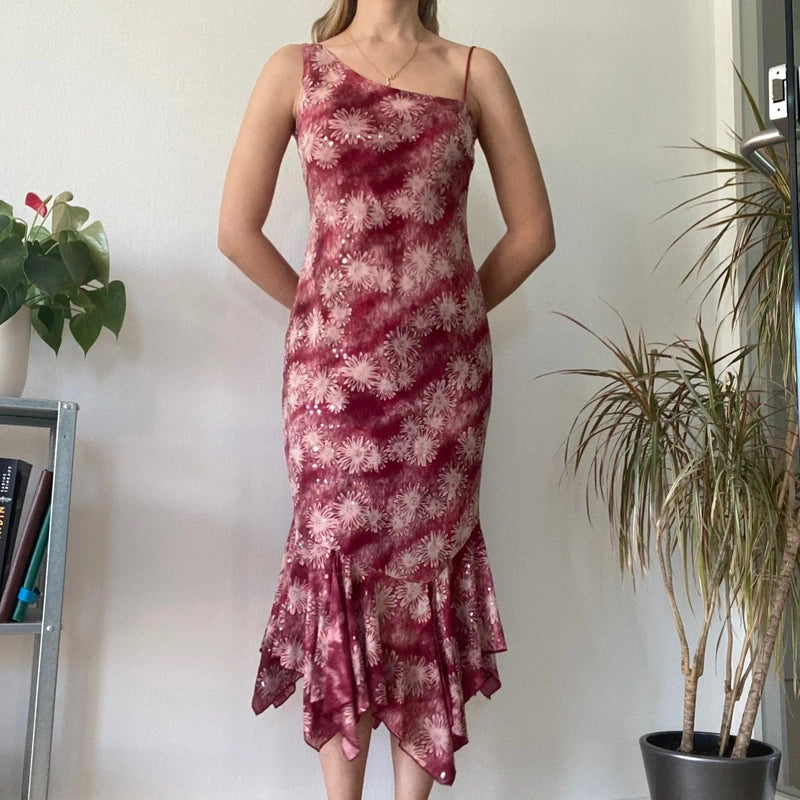 Burgundy Floral Asymmetric Midi Dress Y2K Romantic Evening Statement
