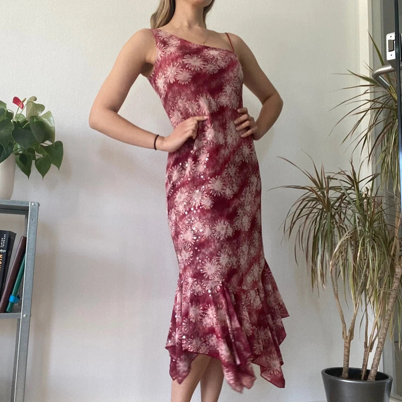 Burgundy Floral Asymmetric Midi Dress Y2K Romantic Evening Statement