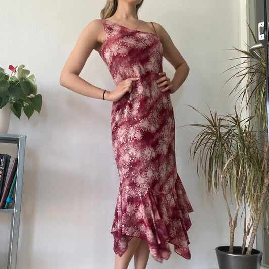 Burgundy Floral Asymmetric Midi Dress Y2K Romantic Evening Statement